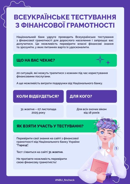 Українців запрошують перевірити свою фінансову грамотність: стартує Всеукраїнське тестування від Національного банку